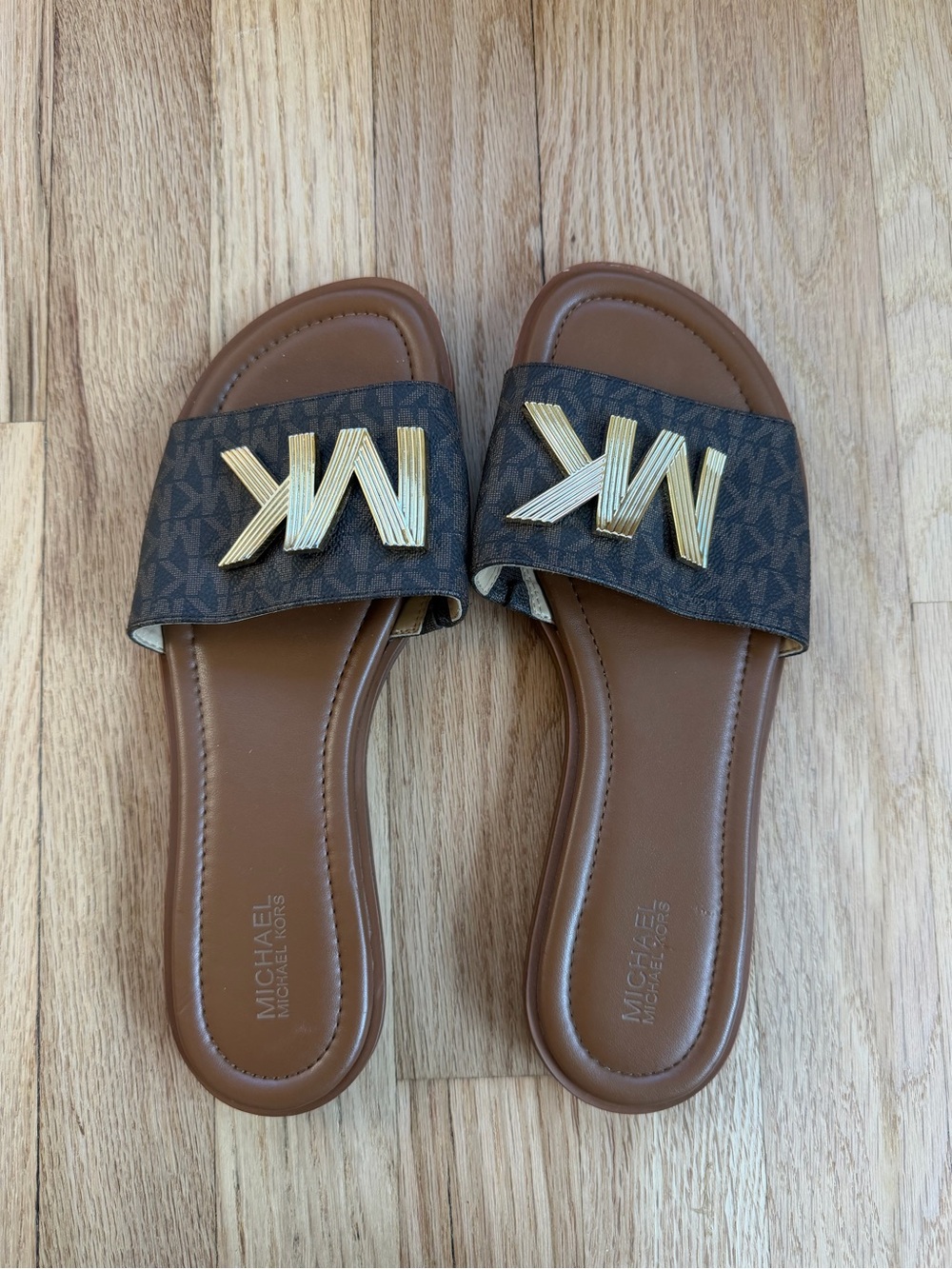 Michael Kors Brown Logo Slide Sandals with Gold MK Hardware